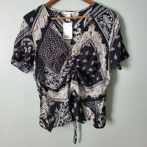 H&M | NWT Boho Hippie Mixed Print Scarf Patchwork Short Sleeve Ruched Blouse Top